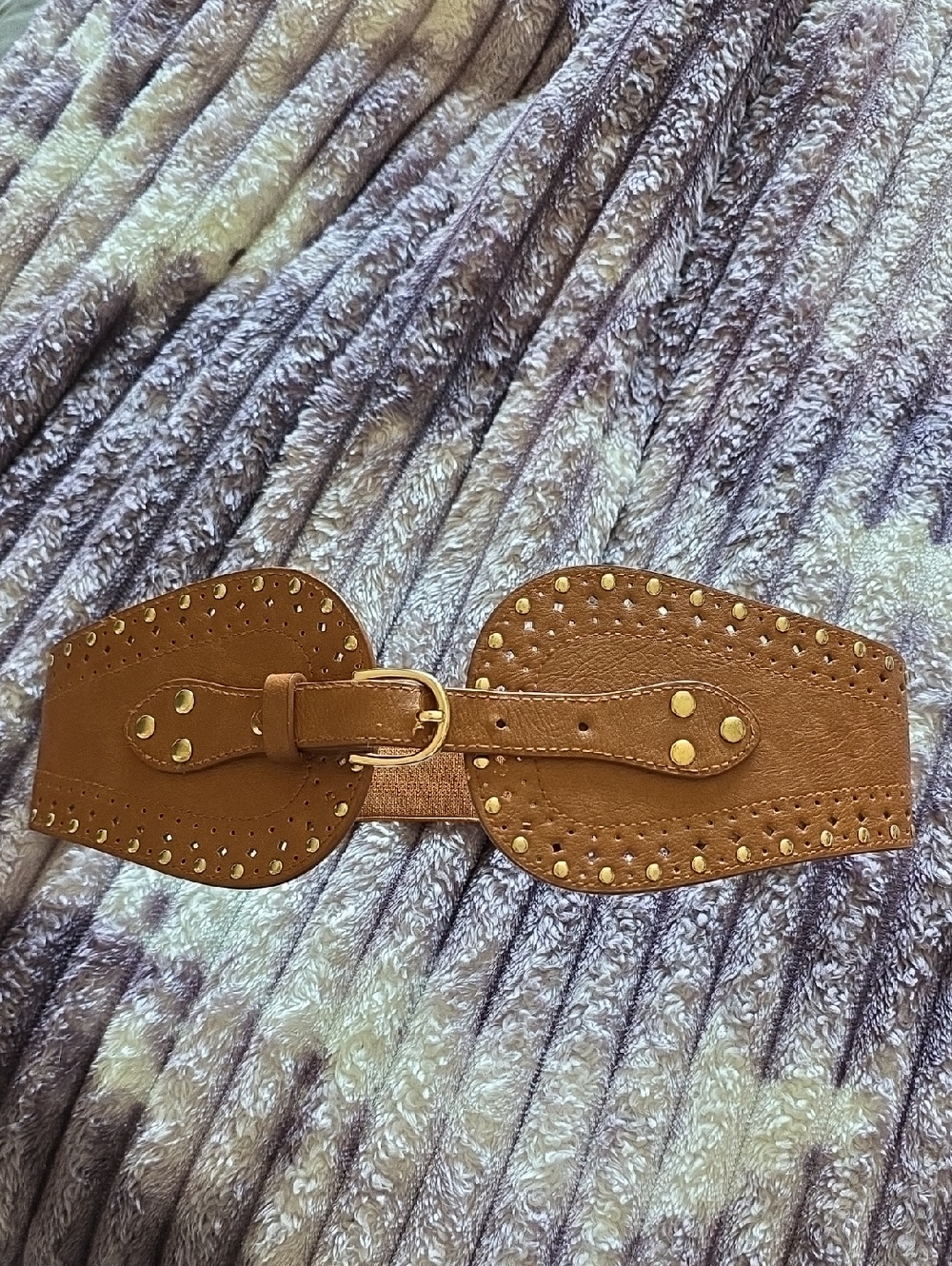 Tan Xs Studded Wide Waist Belt with Gold Buckle